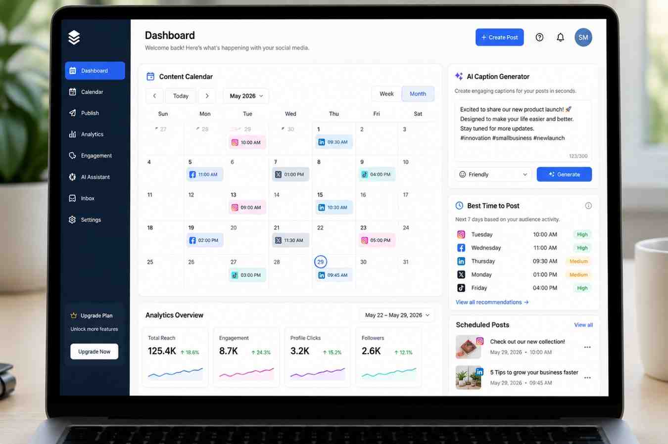 AI tools for social media management dashboard with AI-powered scheduling, content creation, and analytics for small businesses.