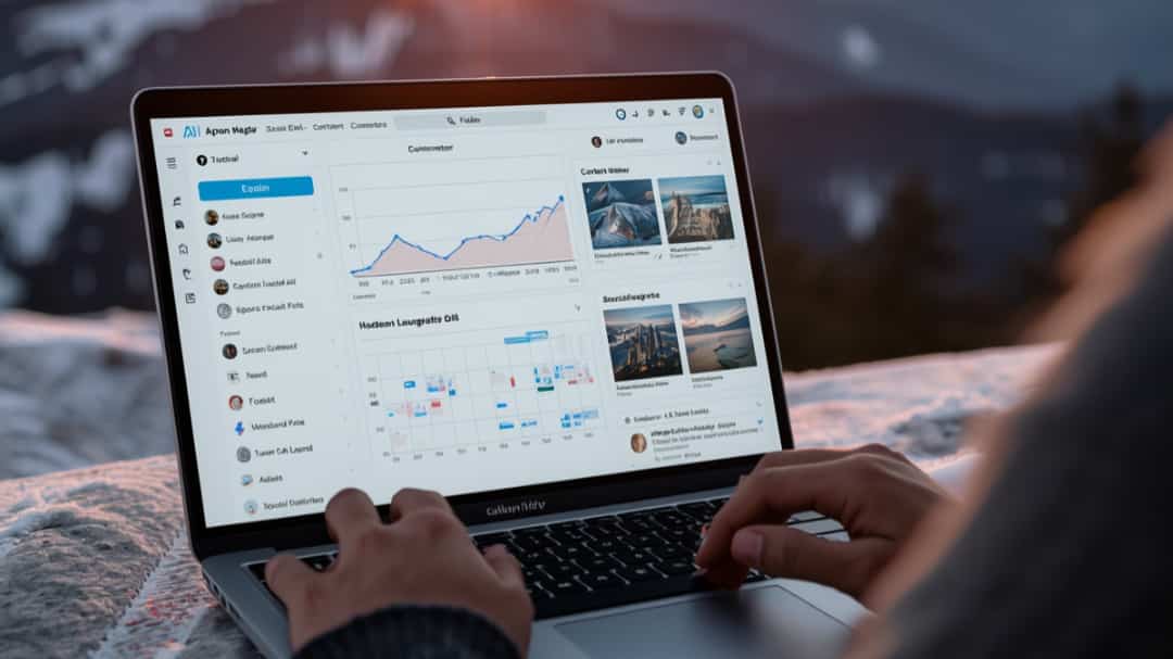 Small business owner using AI tools for social media management to schedule posts and track performance