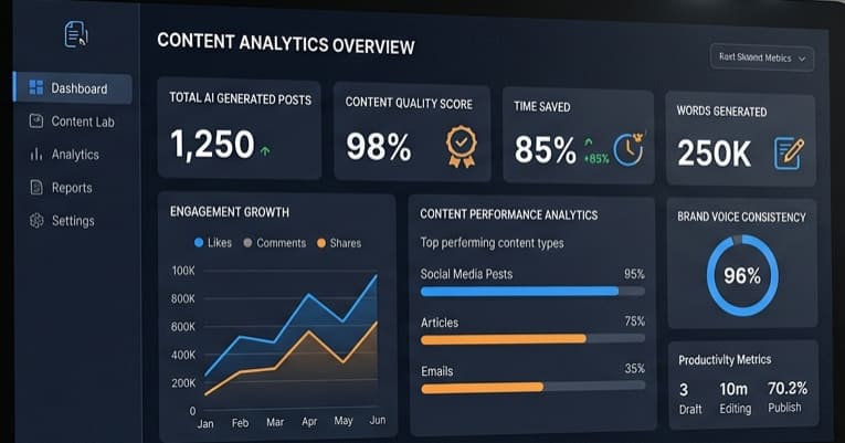 AI content writing analytics dashboard showing content quality, productivity metrics, and performance insights for AI tools for social media management.