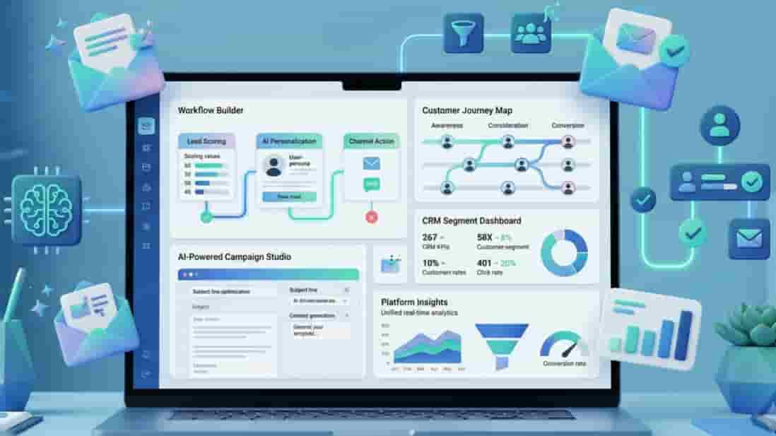AI-powered email automation dashboard with CRM and customer journey workflow