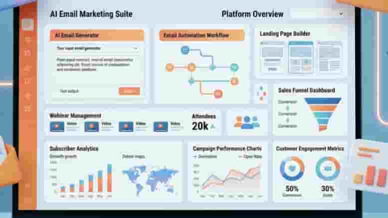 AI email marketing platform with automation, landing pages, webinars, and sales funnels