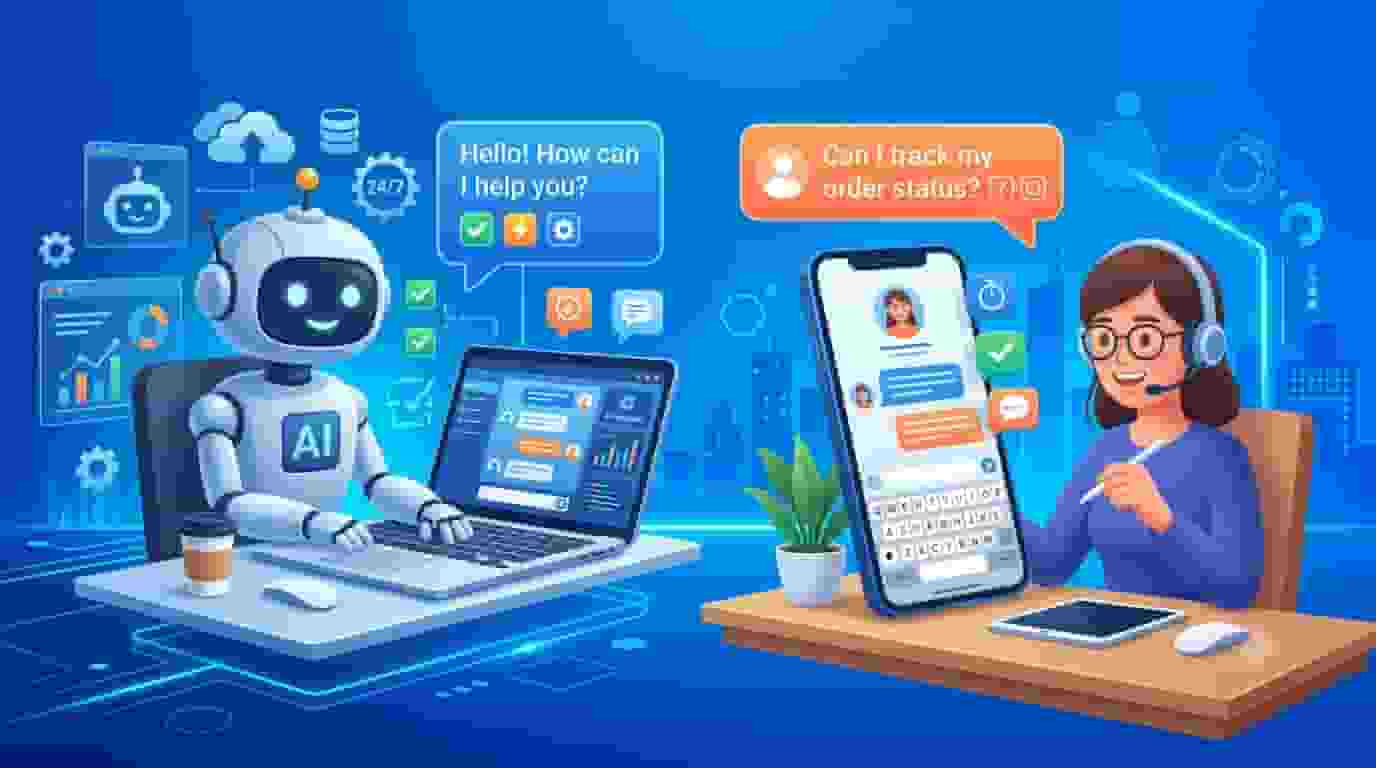 Best AI customer service tools illustration showing AI chatbot automation, 24/7 customer support, faster response times, analytics dashboard, and improved customer experience for small businesses.