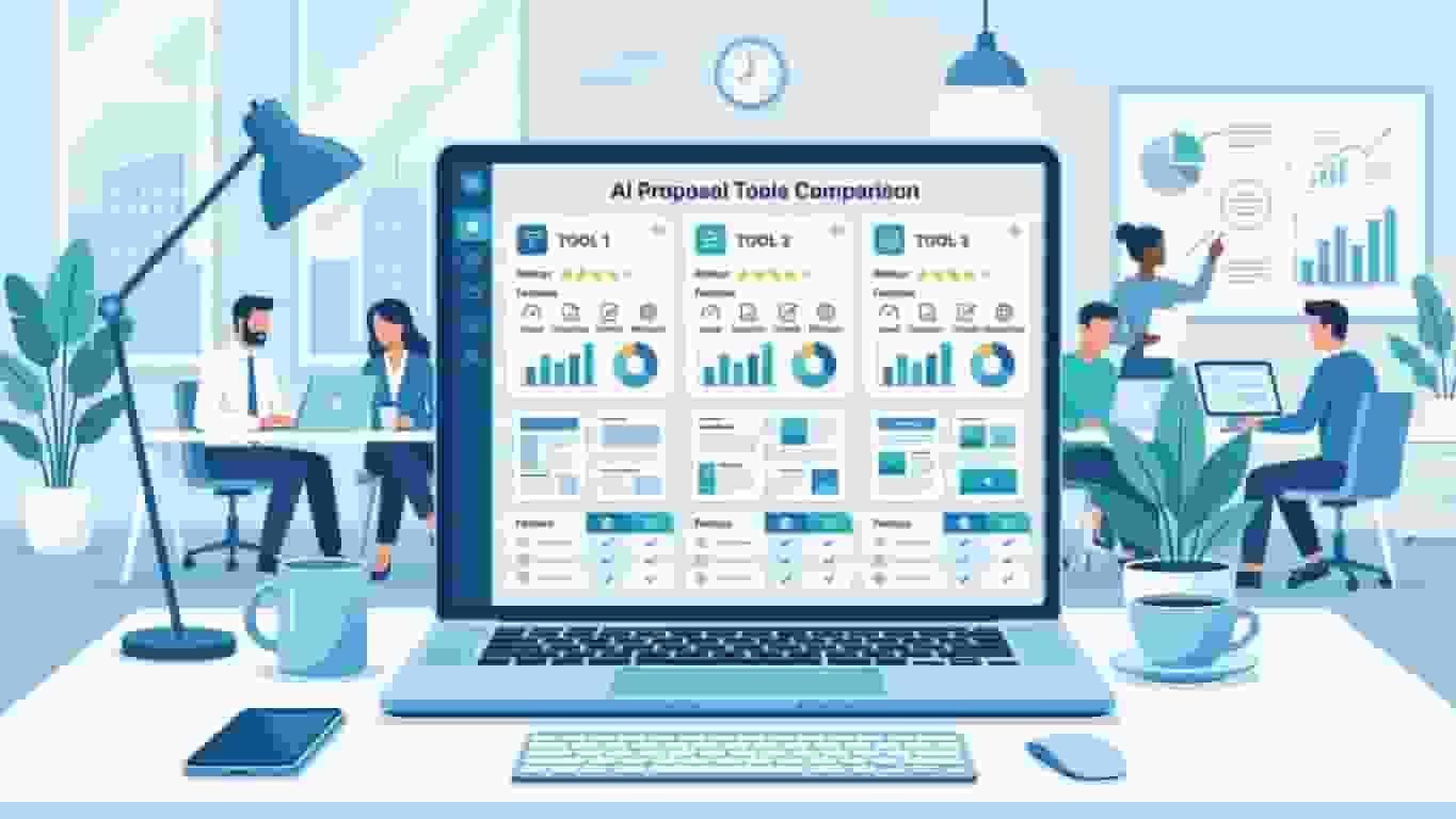 AI proposal generator comparison dashboard showing multiple proposal creation tools with templates, analytics, and business workflow features for small businesses.