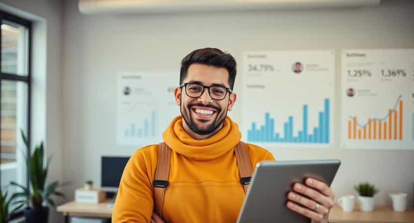 Small business owner using AI customer feedback software to improve customer experience and business growth.