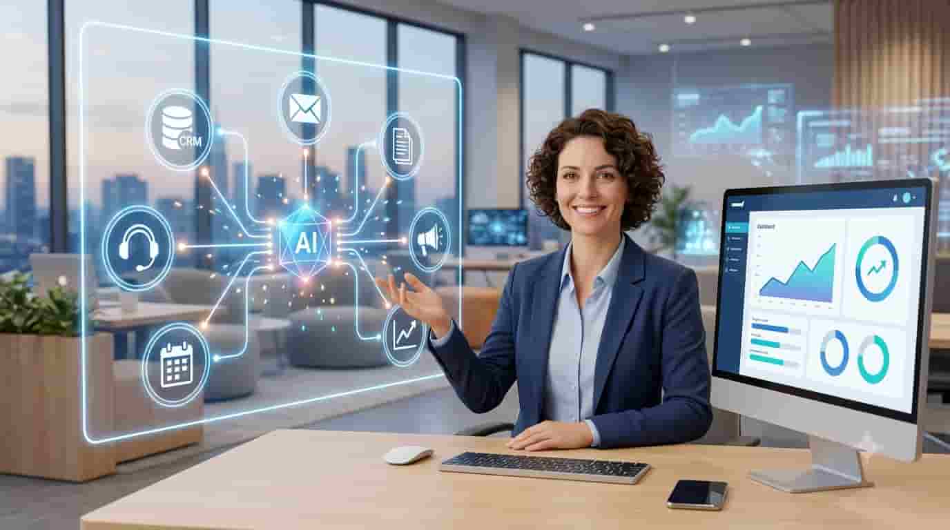 Small business owner using AI workflow automation to improve productivity and business growth.