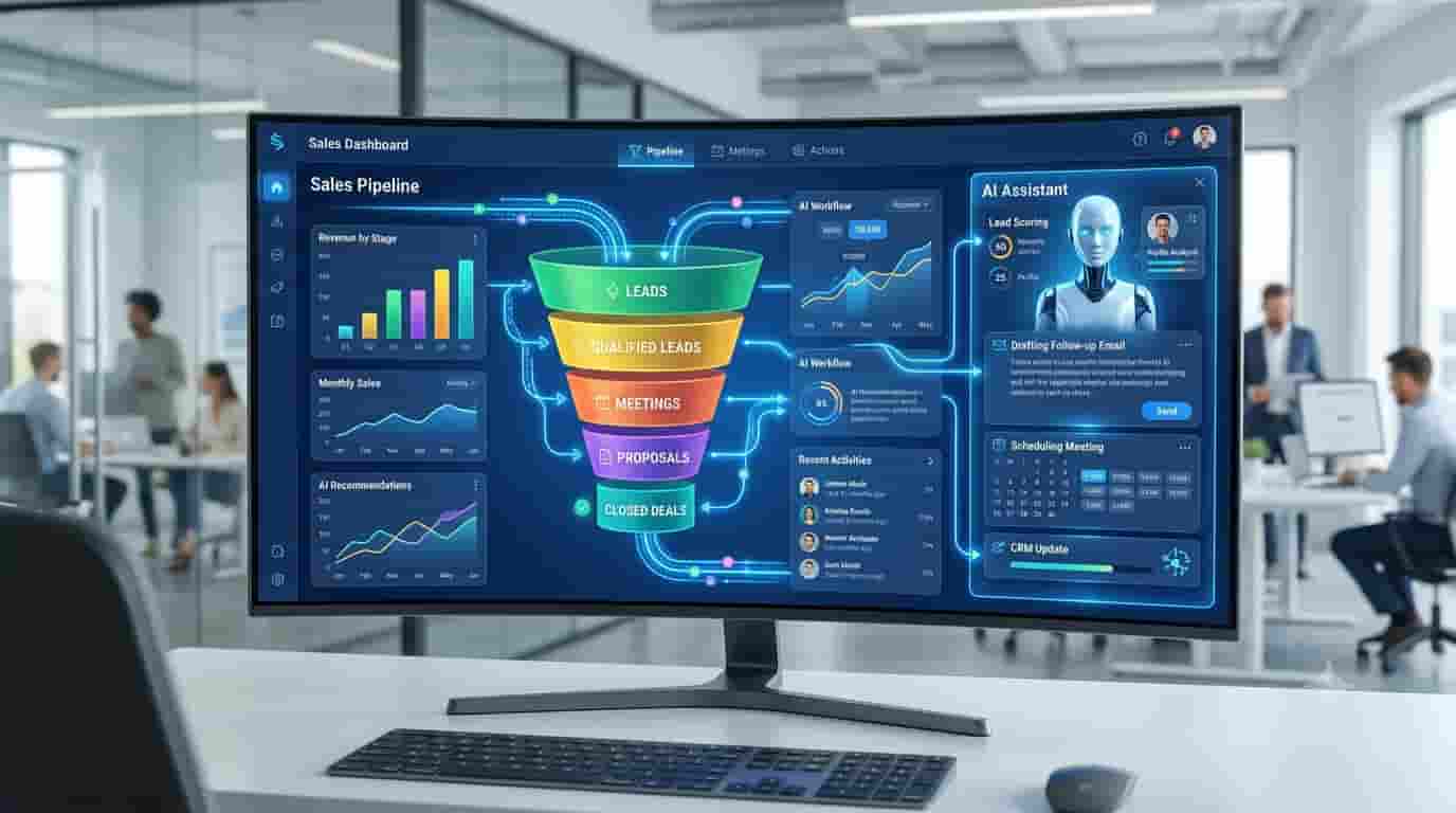 AI sales pipeline automation dashboard for small businesses with lead scoring, CRM automation, and email follow-ups.