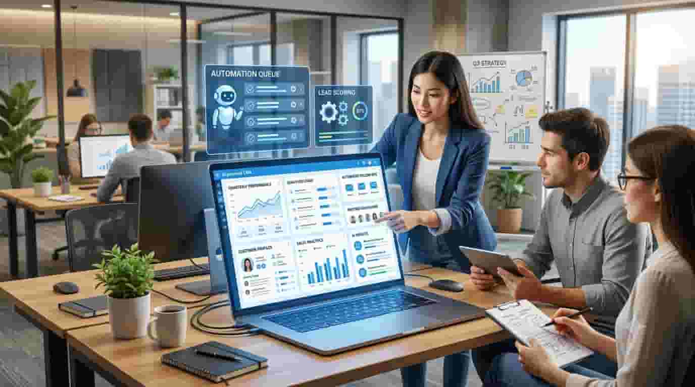AI sales assistant automating lead management, CRM updates, email follow-ups, and meeting scheduling for a small business.