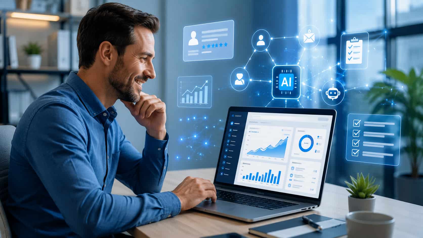 Small business owner using AI sales assistant software to automate sales tasks and grow the business.