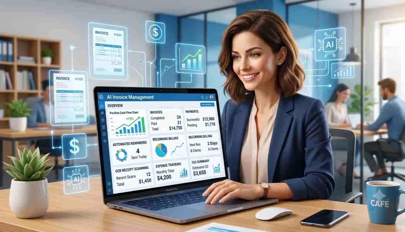 Small business owner using AI invoice generator software to automate invoicing and improve cash flow.