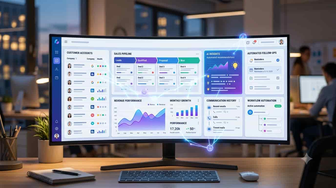 AI tools for account management dashboard with customer analytics, CRM automation, and AI insights
