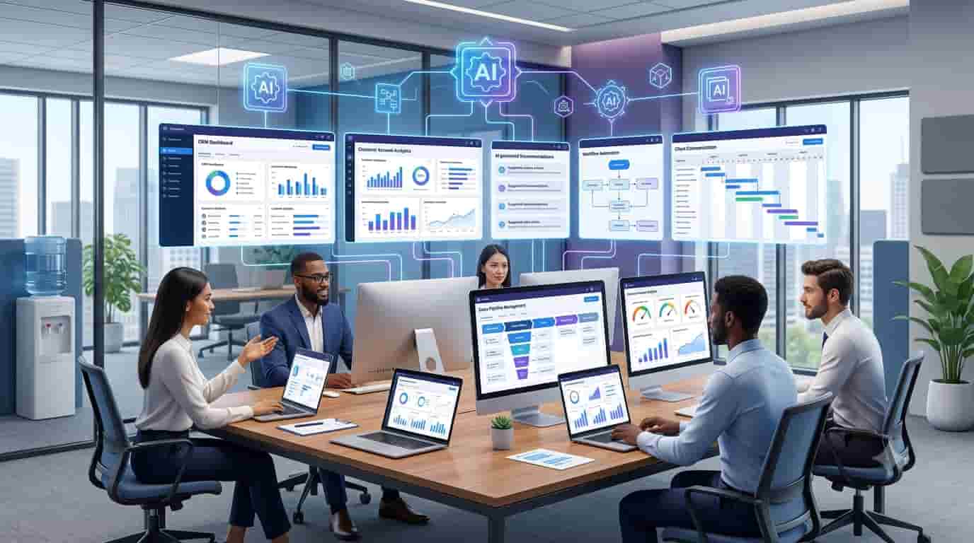 AI tools for account management comparison showing CRM dashboards, customer analytics, and workflow automation
