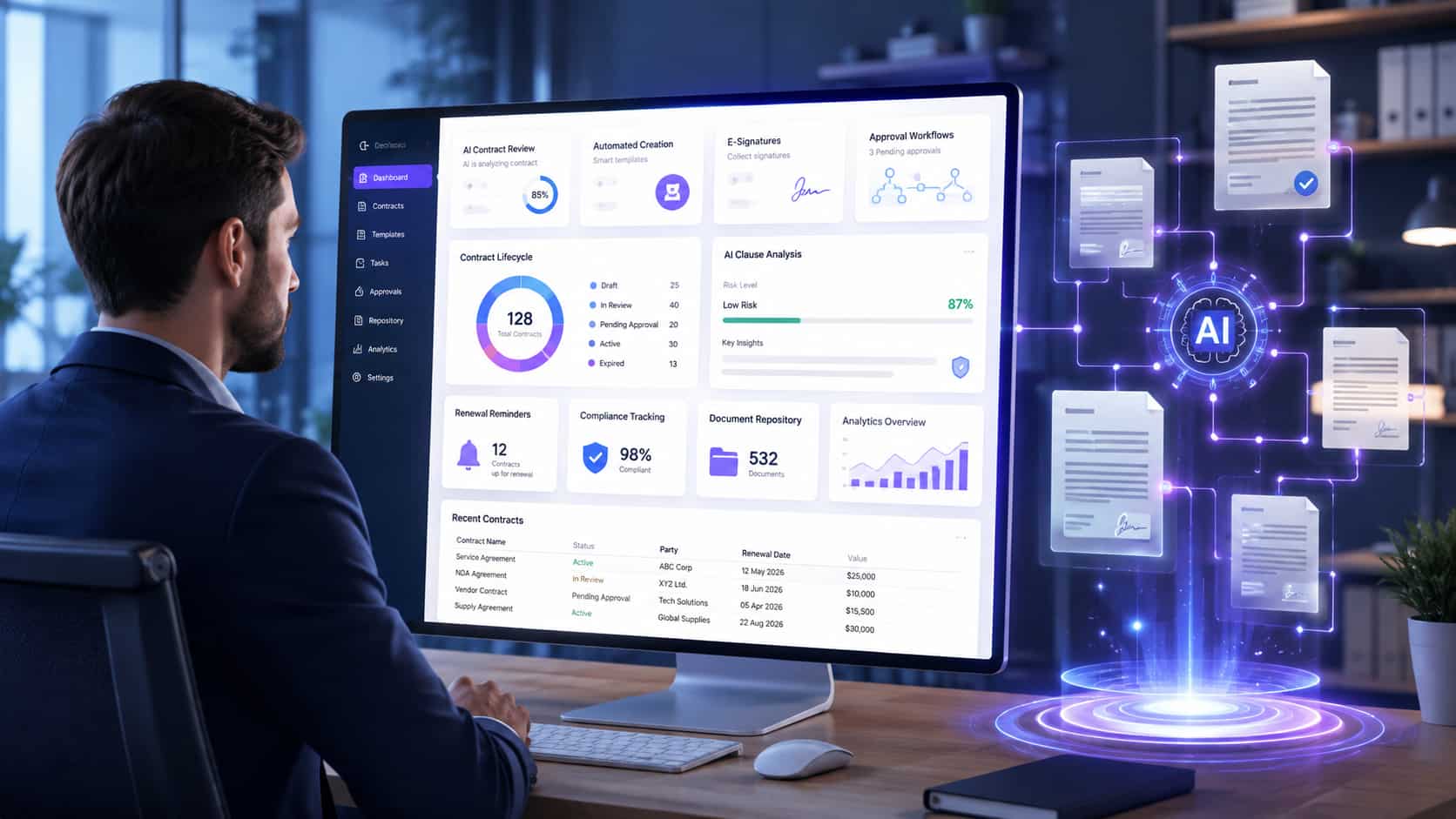 AI contract management software dashboard for small businesses with AI contract review, electronic signatures, workflow automation, and contract lifecycle management.