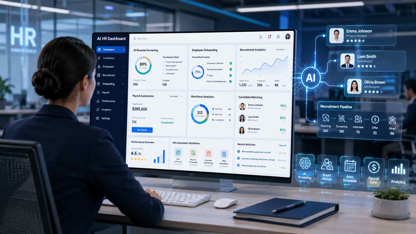 Best AI Tools for HR dashboard displaying AI HR software for resume screening, employee onboarding, recruitment analytics, payroll automation, workforce management, and HR automation.