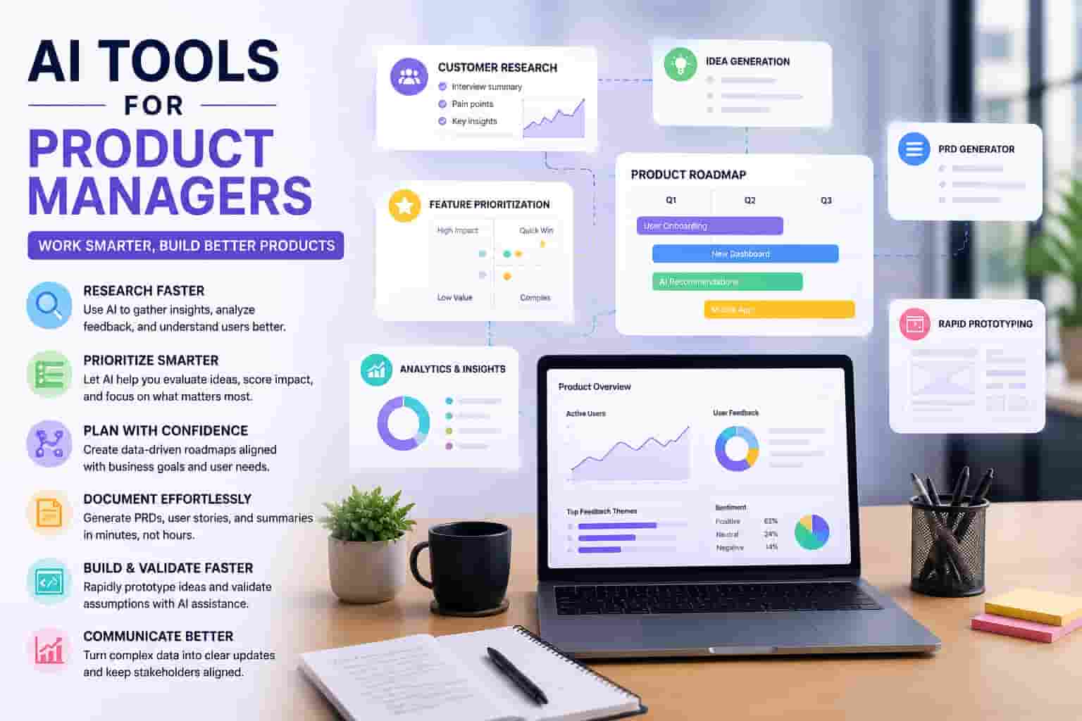AI tools for product managers for customer research, prioritization, roadmaps, documentation, and rapid prototyping.