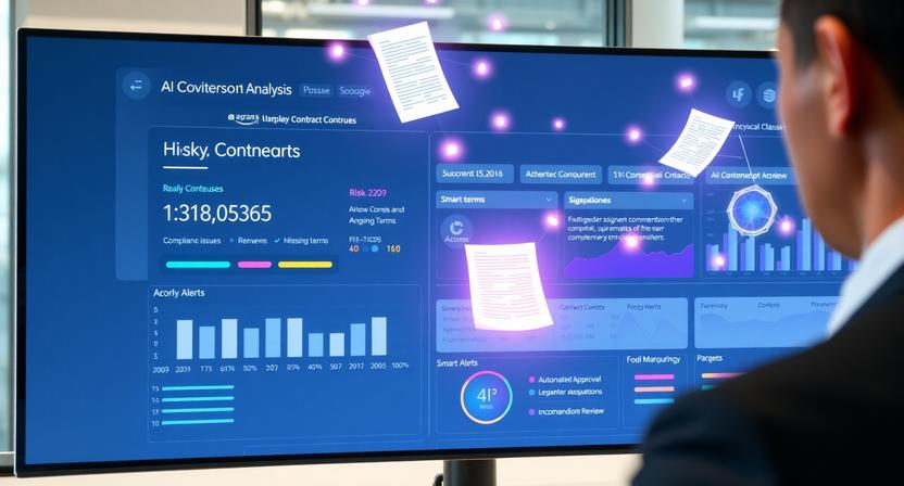 AI contract review software dashboard showing clause analysis, compliance tracking, risk detection, and automated contract management for small businesses.