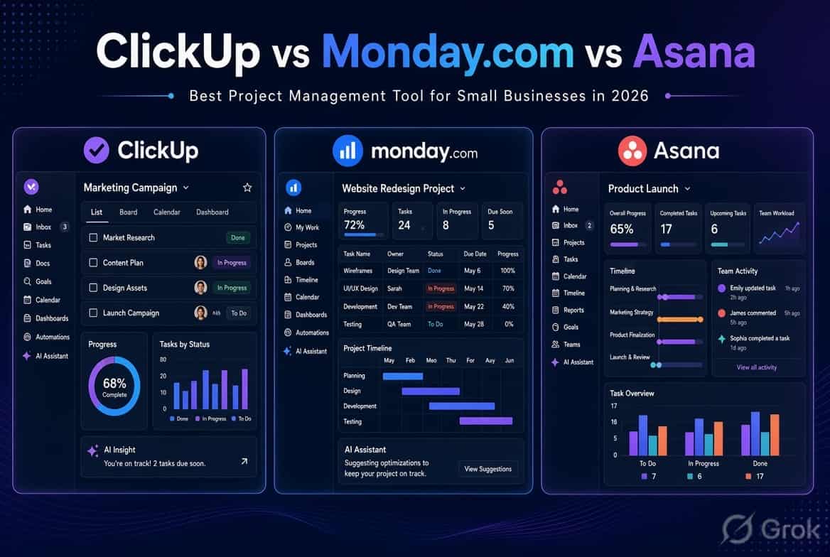 ClickUp vs Monday.com vs Asana project management software comparison for small businesses in 2026