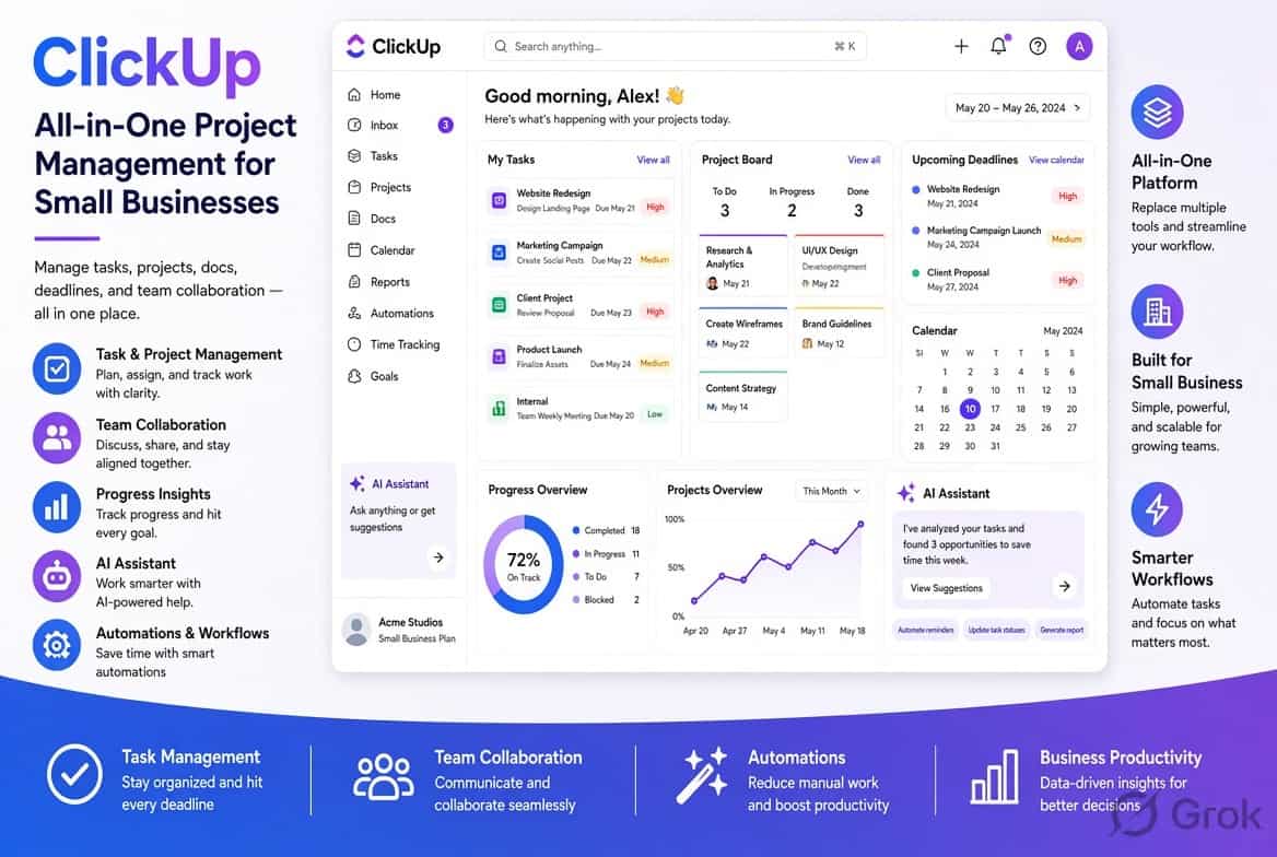 ClickUp project management dashboard with tasks, projects, collaboration and AI tools