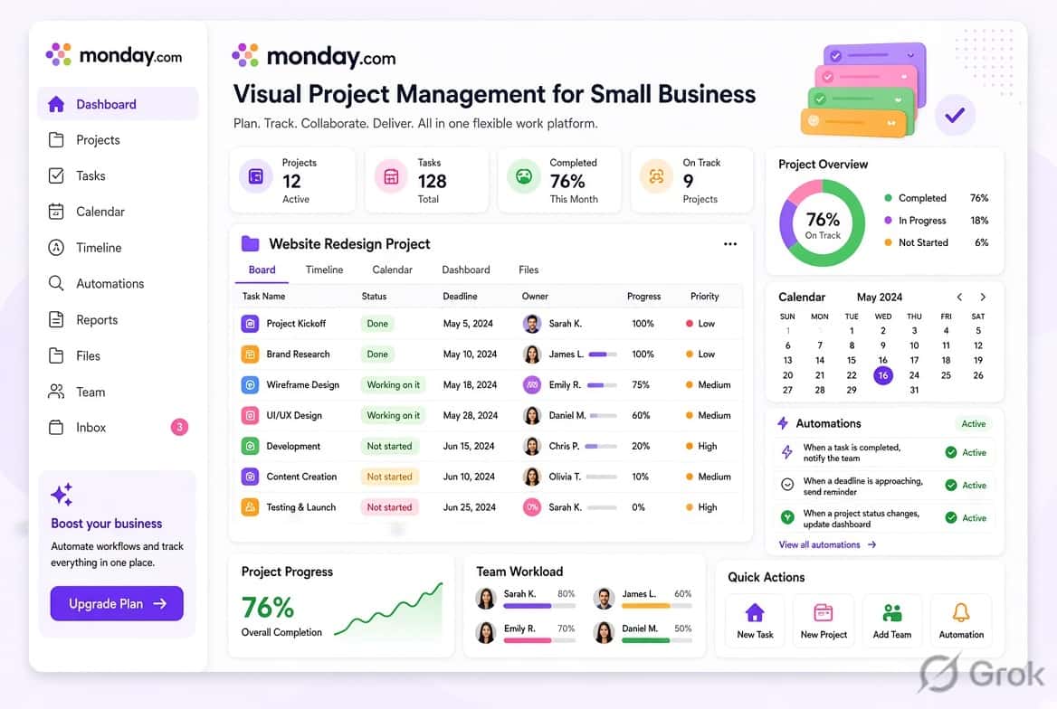 Monday.com visual project management dashboard with tasks, workflows and team collaboration
