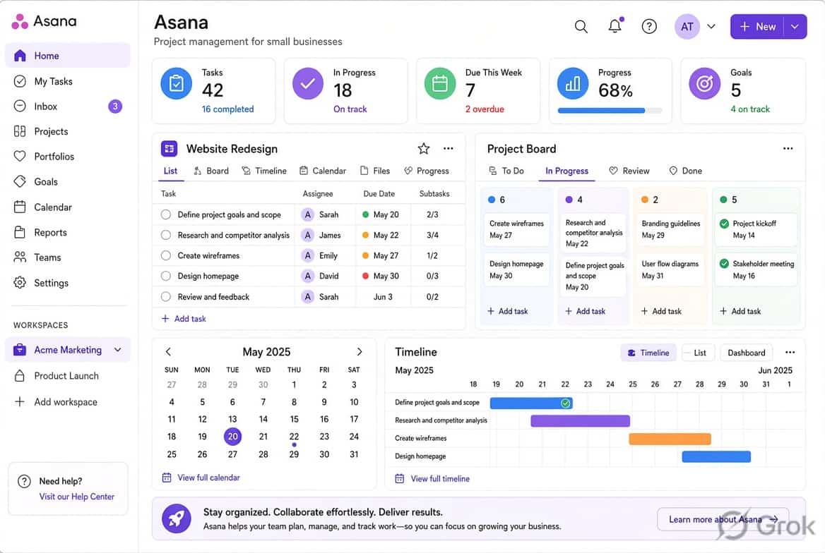 Asana project management dashboard with organized tasks, deadlines and team workflows